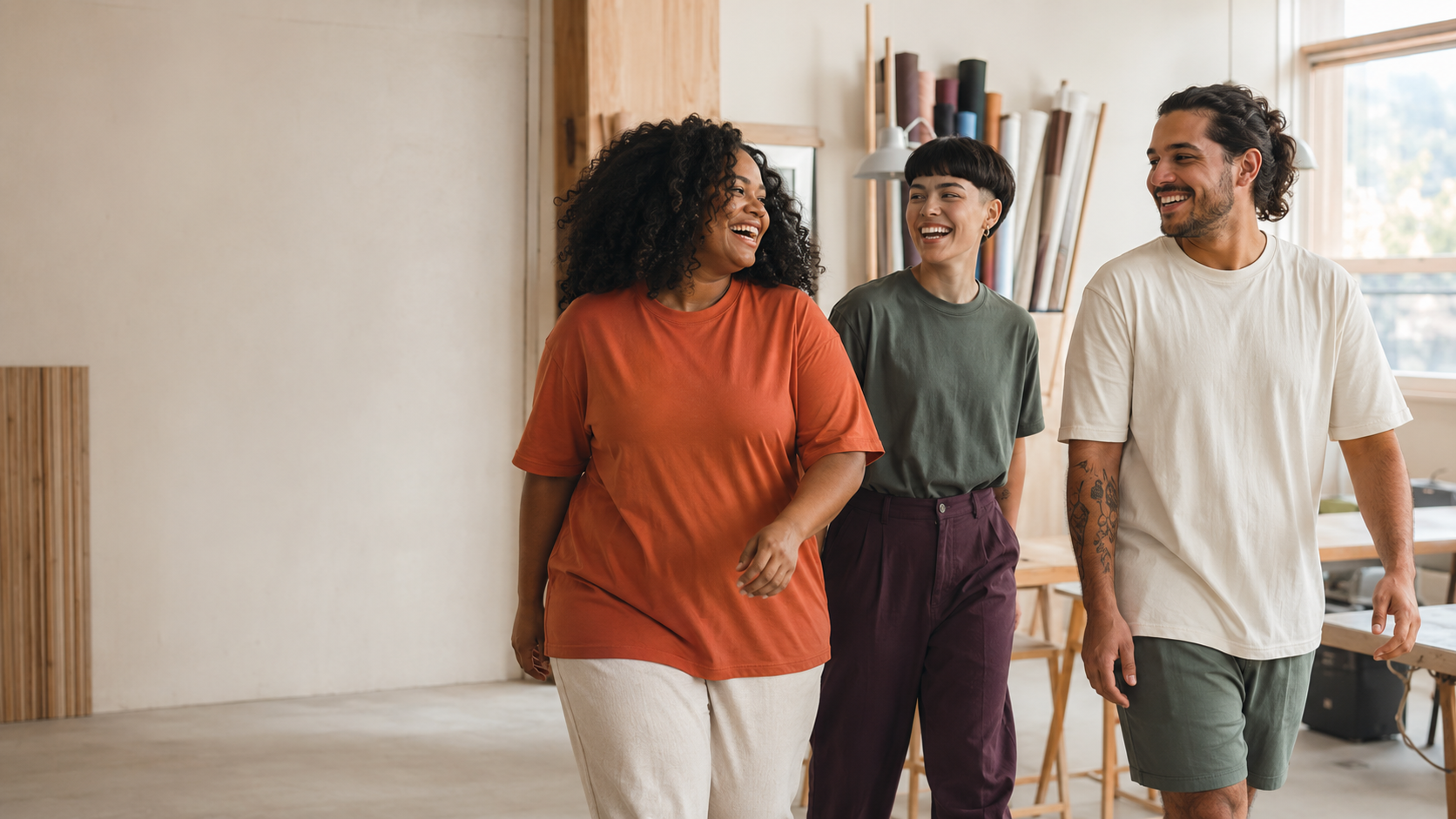 Grupo diverso e feliz usando roupas nas cores da FORMA